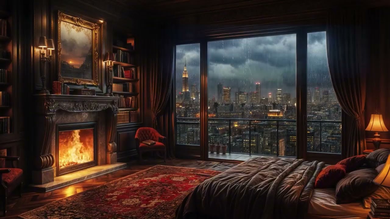 Rain Sounds ASMR with Soft Piano Music at Night Inside Bedroom for Calm Sleep and Focus