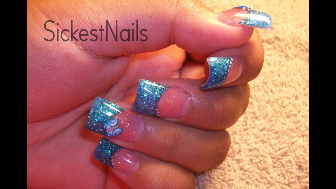 My Acrylic Nails-Blue Fade & ButterFly Simple - YouTube.