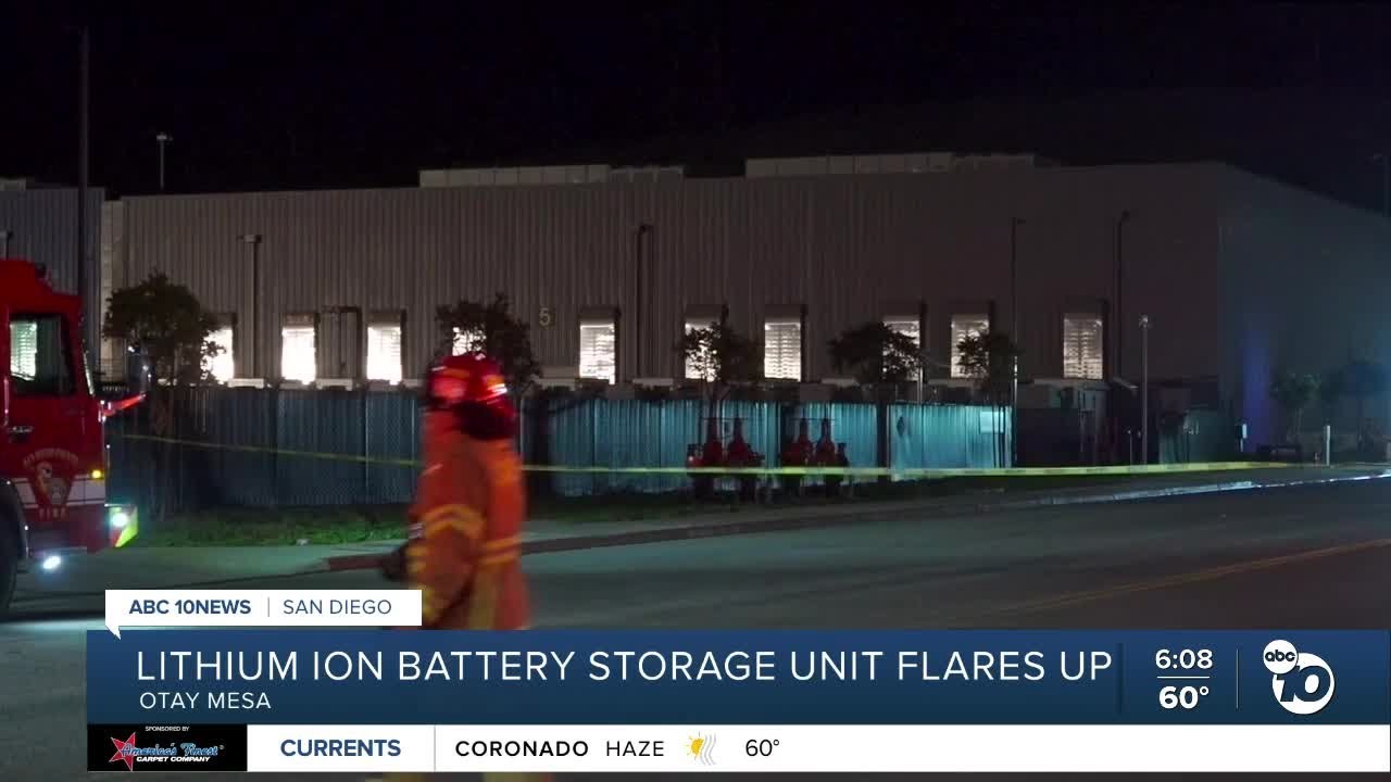 Fire at Otay Mesa lithium battery facility flares up