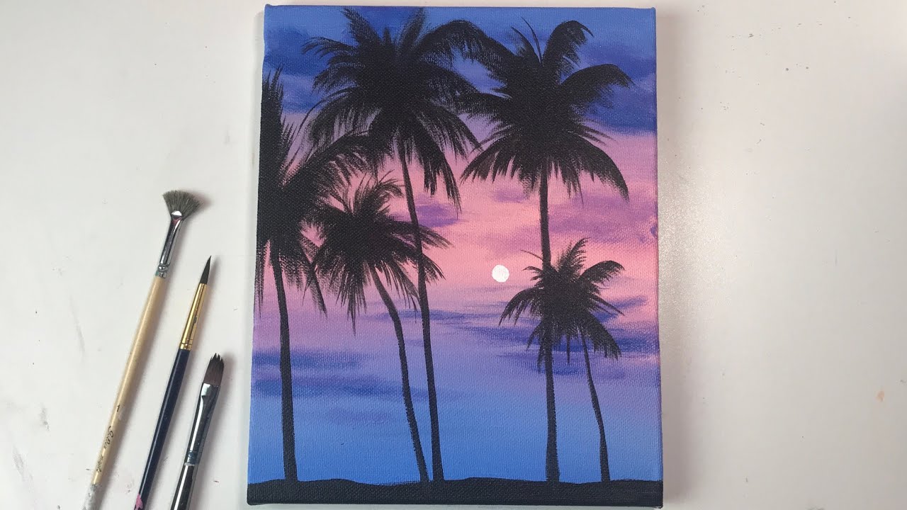 Acrylic Painting for Beginners on Canvas  Calm Sunset Palm Tree Acrylic  Painting Easy Step by Step