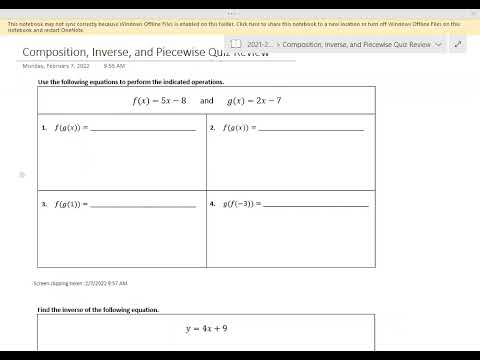 Composition, Inverse, and Piecewise Functions Quiz Review