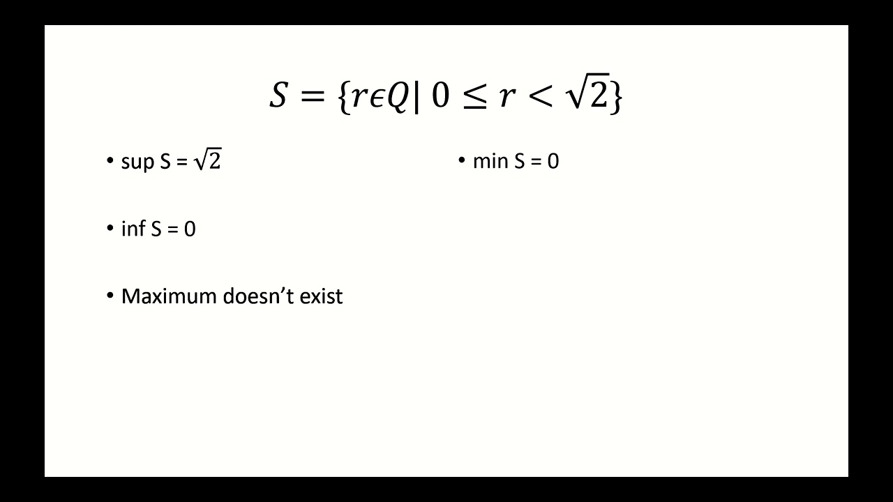 Find the supremum, infimum, maximum, minimum, interior, and the boundary points: r less than sqrt(2)