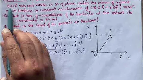 A particle starts from origin at t = 0 with a velocity 5.0 I m/s and moves in x-y plane, under the