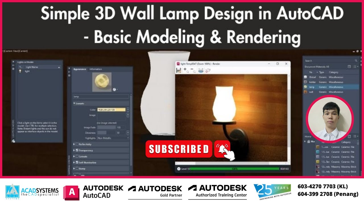 Simple 3D Wall Lamp Design in AutoCAD - Basic Modeling & Rendering