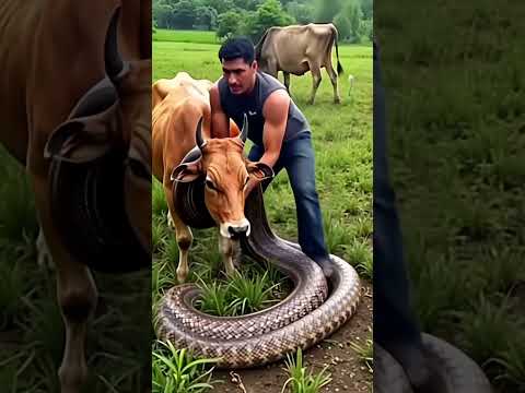 Unbliveable. 😱 a Gient anaconda attack a cow. #Shorts #villagelife #reels