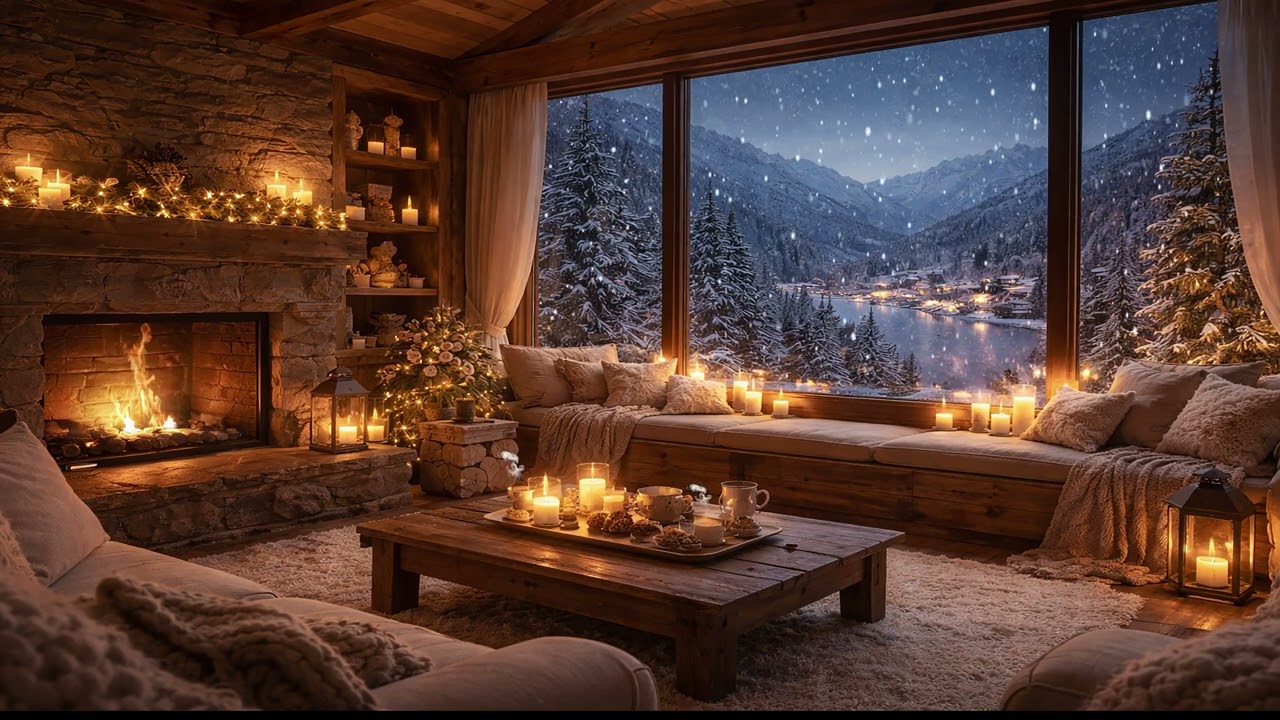 Снежная горная ночь 🏔️ Мягкая музыка | Камин и деревня у озера