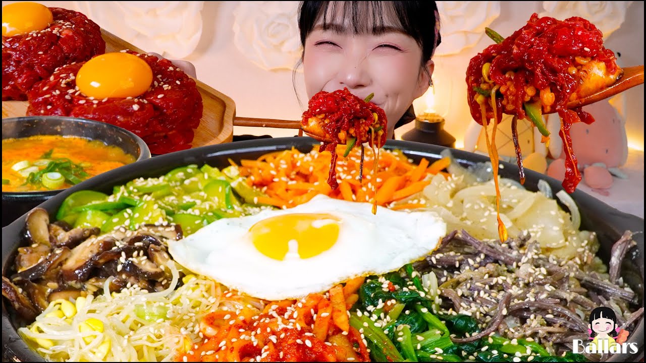 Mukbang:)🥩 Bibimbap, Raw beef, Bean paste stew Mukbang ☆ Big Bites :: ASMR :: Eatingshow ☆