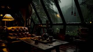 Cozy tree house at night in the forest with heavy rain