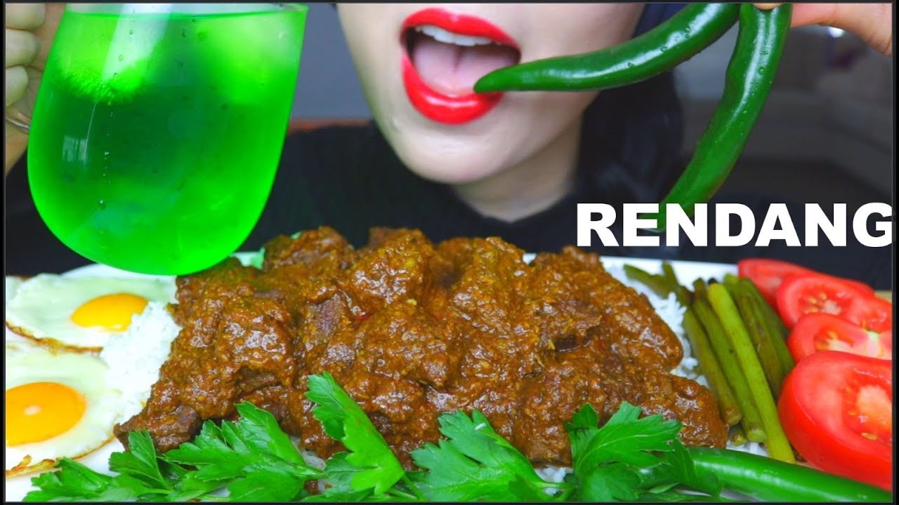 ASMR DRY BEEF CURRY | RENDANG DAGING + GREEN CHILLI + FRIED EGG + LIME CORDIAL 咖喱饭 咀嚼音 먹방