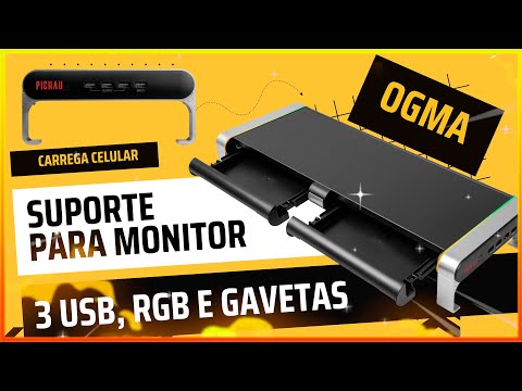 Suporte para Monitor Pichau OGMA com Carregador sem Fio, RGB, 3 USB e Gavetas!