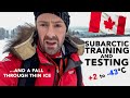 Subarctic winter training unseasonal rain falling through thin lake ice  prototype snowshoes 4k