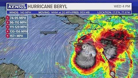 Hurricane Beryl moving across southern coast of Caribbean Island