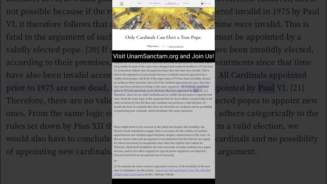 Obj#2: Only Cardinal Can Elect A True Pope Part V of V UnamSanctam.org