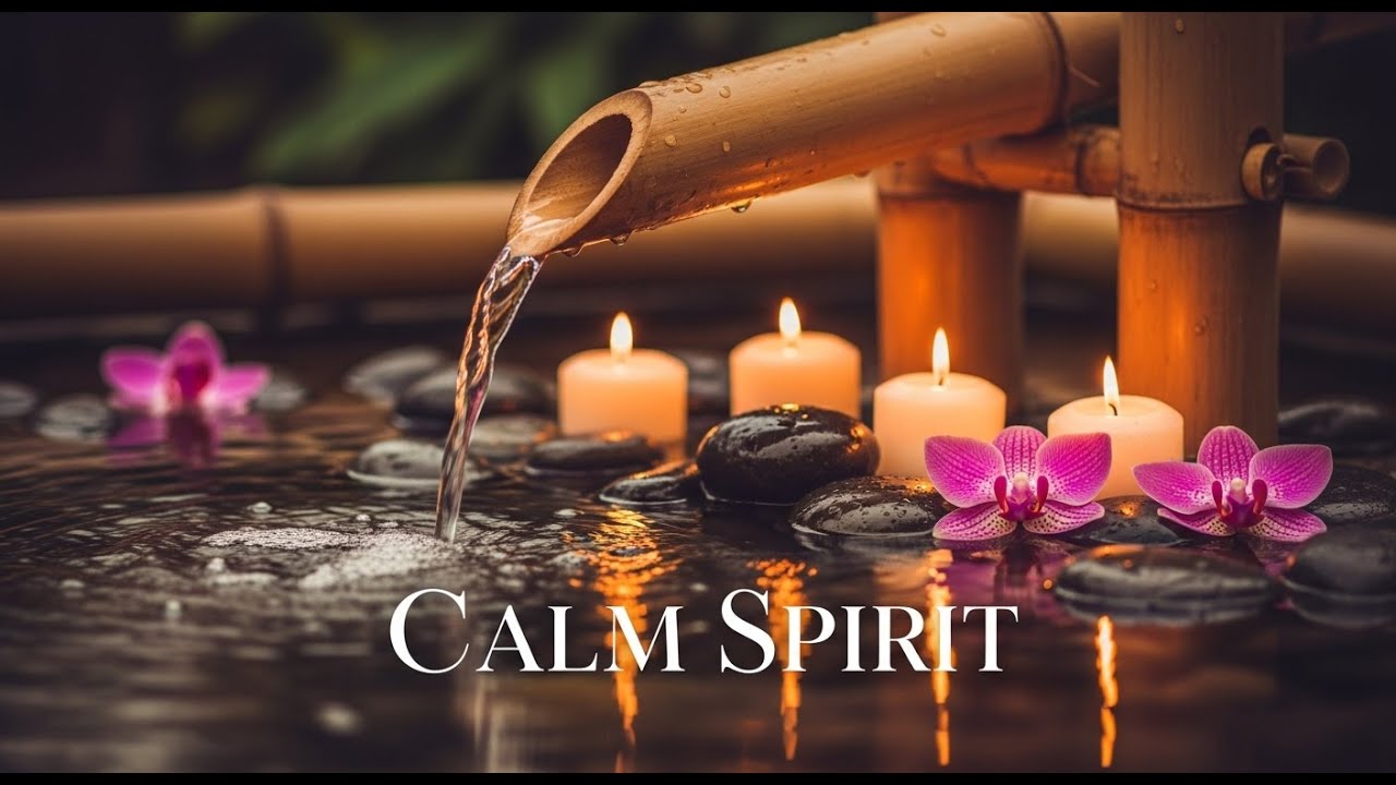 Calming Zen Stream Drift Bamboo Fountain and Candle Glow for Healing Meditation Sleep Serenity