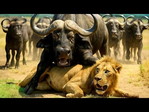 جاموسة غاضبة تهاجم الأسد البري معركة صادمة تكشف قوة البرية في السافانا الإفريقية
