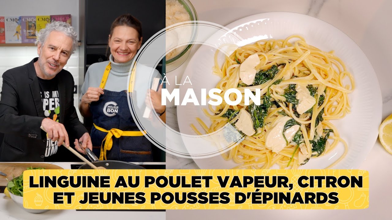 Linguine au poulet vapeur, citron et jeunes pousses d’épinards