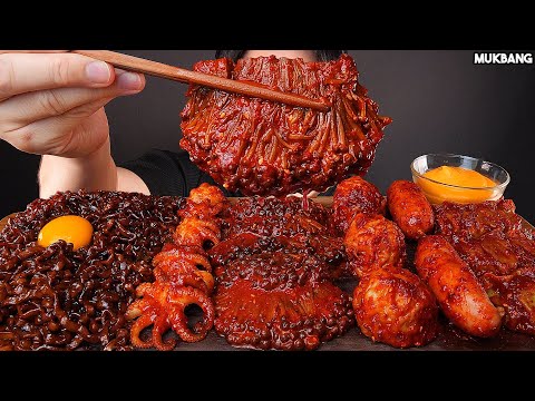 ASMR MUKBANG | SPICY MUSHROOMS OCTOPUS SAUSAGE DUMPLING & BLACK BEAN NOODLES EATING 먹방