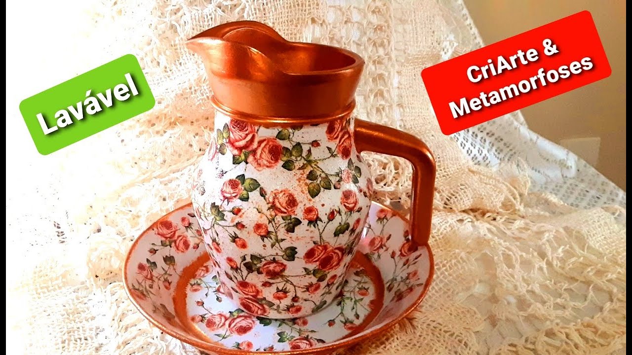 TÉCNICA DE DECOUPAGE LAVÁVEL EM JARRA E PRATO #diy #decoupage #vitro150º#decoração #criarte #decora