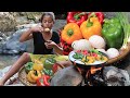 Survival skills: Cooking Duck egg tasty delicious in Bell peppers for Food ideas & Eating delicious