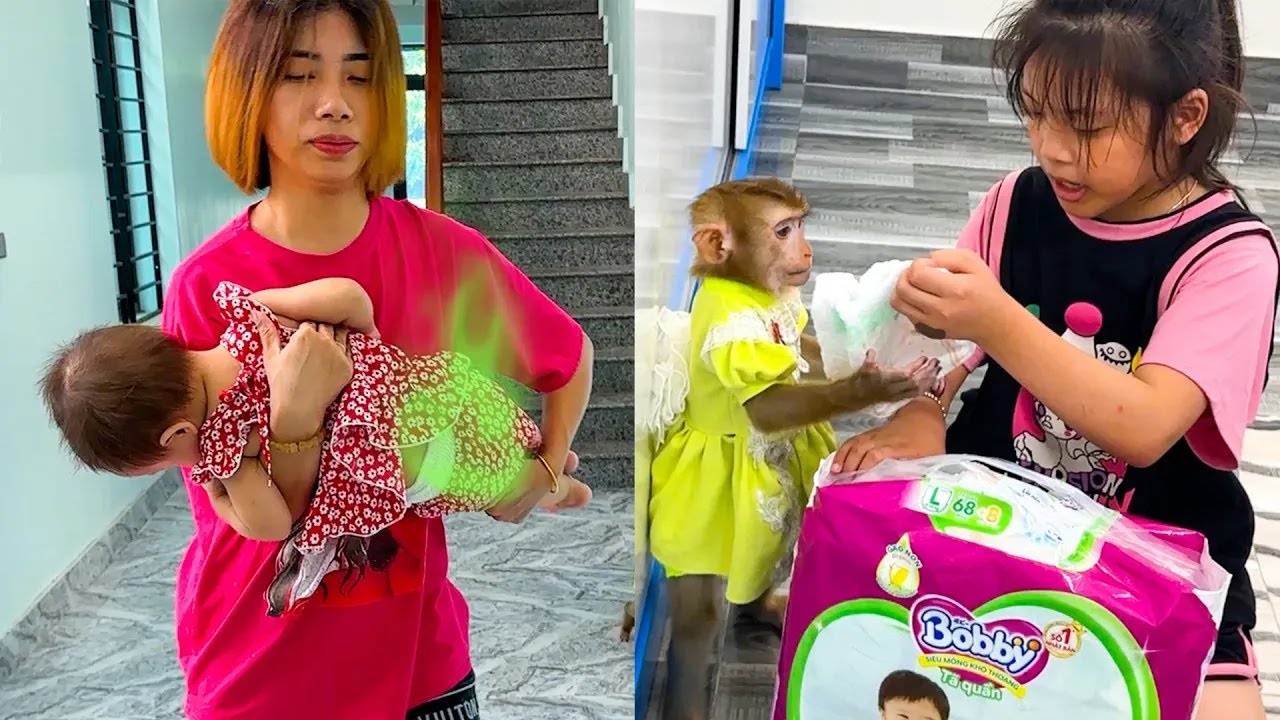 Увидев, как Дьем какает, обезьянка Кака помогла маме достать подгузник.