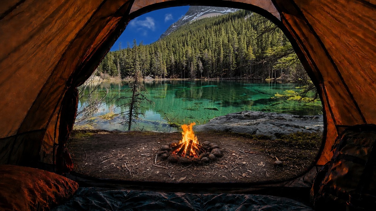 Inside the Tent at Grassi Lakes 🌲 Campfire & Crystal Water Ambience (4K 9 Hours)