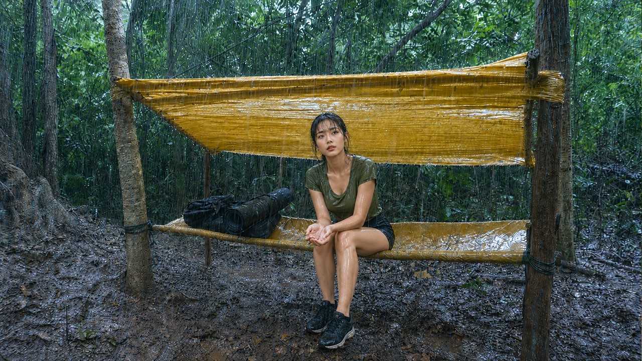 Amazing Girl Solo Building a Cozy Survival Shelter During Heavy Rain ...