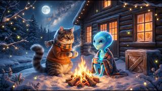 Cozy Night Campfire with Cat & Friendly Alien 🌙✨ | Magical Winter ASMR Scene
