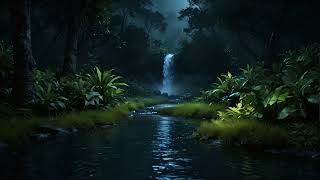 1 Hour | Calming night jungle waterfall  nature ambience