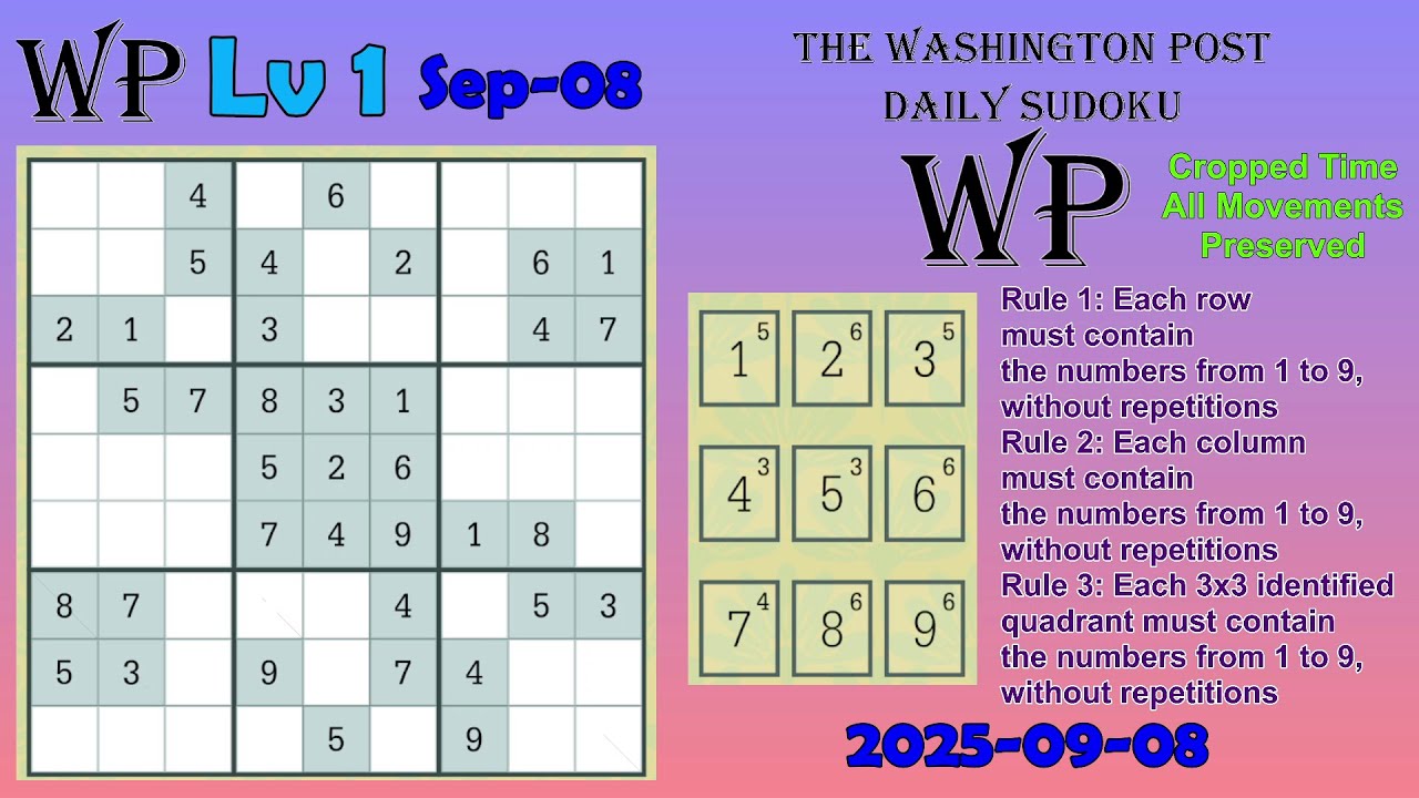 The Washington Post Daily Sudoku 2025-09-08 Level 1 - YouTube