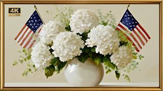 July 4th White Hydrangea Frame TV Art 4K | American Flags & Soft Summer Birds screenshot 4