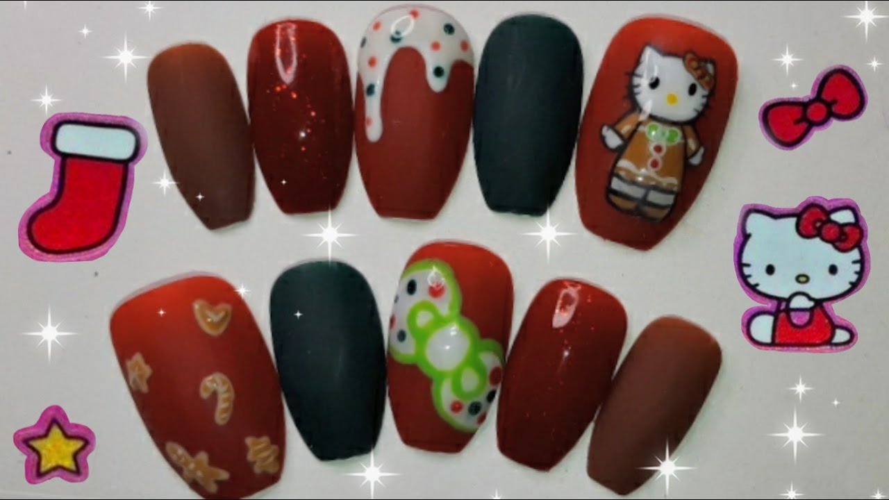 Gingerbread Hello Kitty Christmas Nails! YouTube