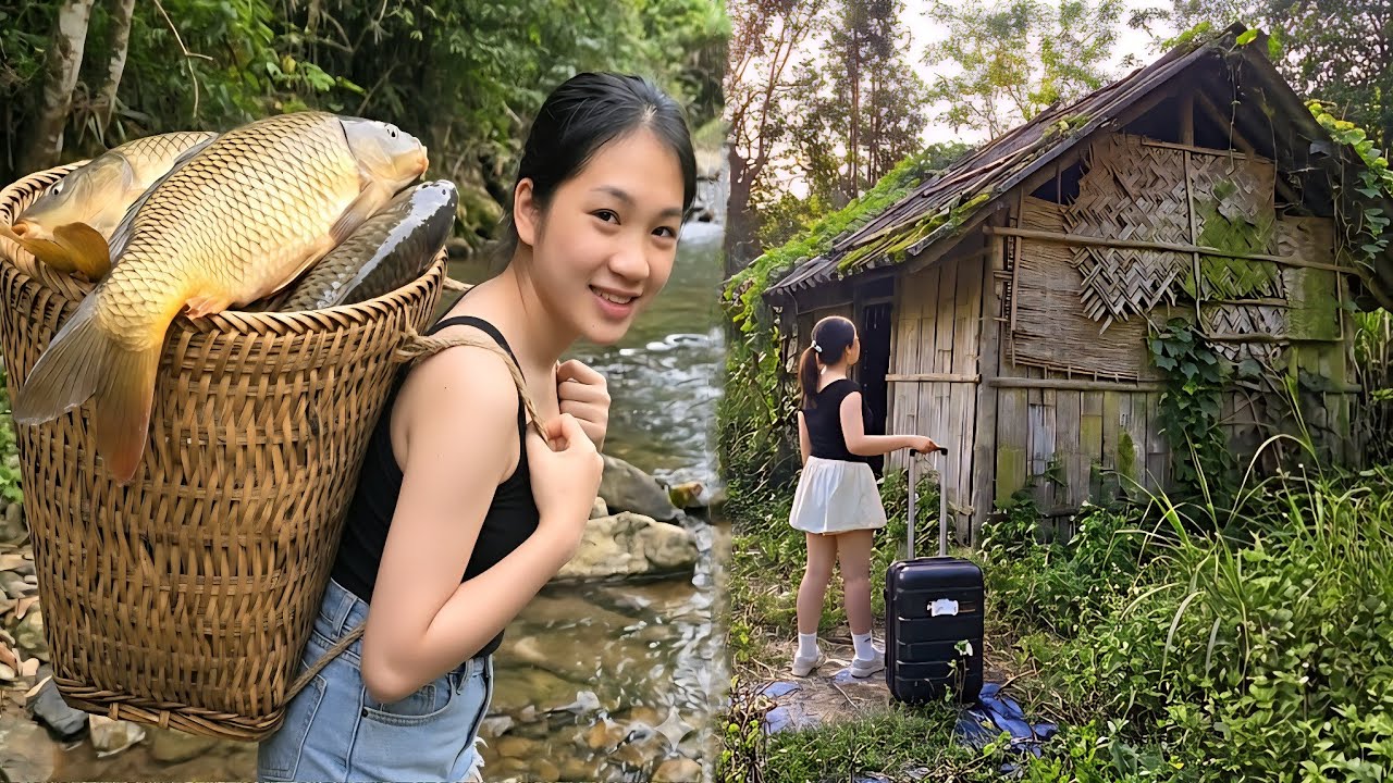 The girl left the city to live in the forest - she caught a huge school of fish in the stream.