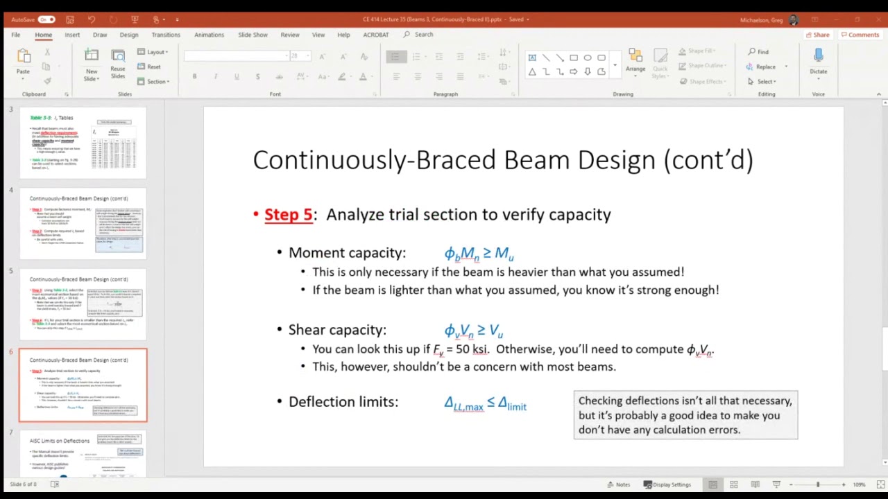 CE 414 Lecture 35 Design of ContinuouslyBraced Beams (2020.04.10