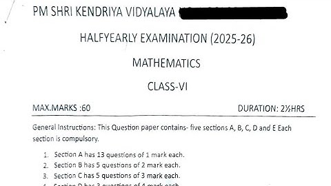 Class-6 Maths / Half Yearly Exam 2025-2026 Question Paper Term-1 PM SHRI Kendriya Vidyalaya 