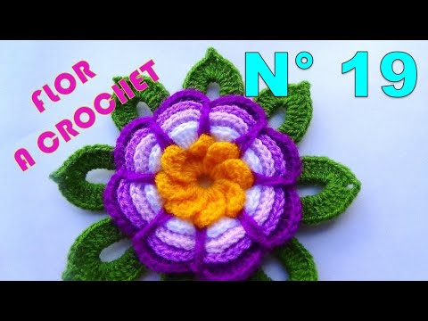 FLOR ROSITA LILA TEJIDA A CROCHET CON HOJAS PARA ADORNO DE PRENDAS TEJIDAS PASO A PASO