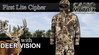First Lite Cipher hunting camo in Human and Deer Vision on 14 Backgrounds with Deer Vision