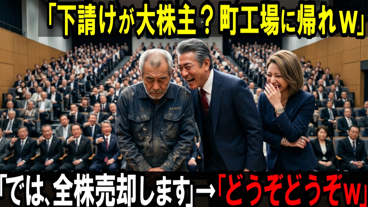 工場の納品口から入ってきた、油の染みた作業着の老人を、社長は大勢の役員の前で見下して笑った。「町工場の貧乏人が株主総会に来るな。あんた、1株でも持ってるのかい？」と。老人は何も言わず、ただ静かに頭を下げた。でも次の瞬間、彼が口にした言葉に会場の空気が凍りついた。「では、全株売却します」って。私はその場で、自分たちがどれほど大きな勘違いをしていたのか、まだ知らなかった。老人の正体を聞いた時の、...