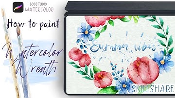 Watercolor floral wreath in Procreate - digital tutorial on IPad at Skillshare - free brushes