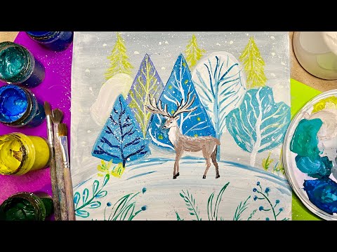 ОЛЕНЬ🦌зимний пейзаж❄️РИСУЕМ#рисоватьлегко #длядетей