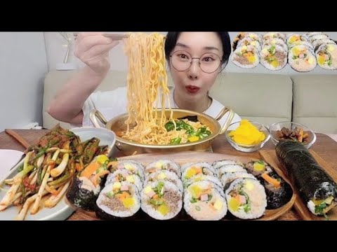 (SUB)소고기땡초🌶김밥,참치땡초🌶김밥,앵그리😡너구리라면🍜 ☆ft.파김치 꼬들단무지 마늘쫑무침 Beef/tuna and spicy chili <strong>pepper</strong> gimbap
