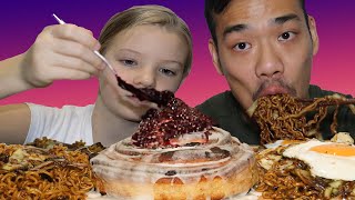 BLACK BEAN NOODLES & GIANT CINNAMON BUN WITH MIXED BERRY CREAM CHEESE ICING - WOULD YOU RATHER