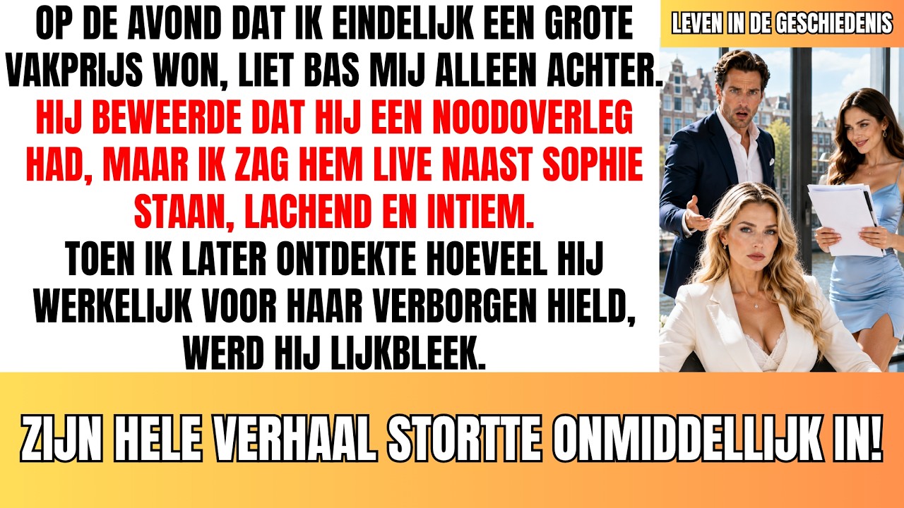 Ik zat op het podium met een prijs in mijn handen, terwijl de stoel naast mijn moeder leeg bleef. Bas had beloofd te komen. Om 7:45 die ochtend trok hij zich terug voor een “noodoverleg”. Om 10:30...