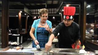 Full live cooking show with egg tricks, jumping football style,
machinegun omelet w/ d onion volcano.