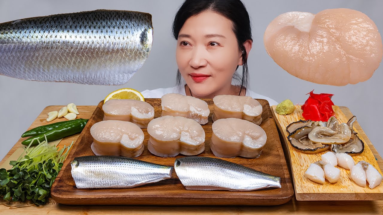 Гигантские гребешки, сырая рыба АСМР МУКБАНГ ПИЩЕВОЕ ШОУ (Я пошел на рыбный рынок)