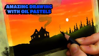 Take a break and enjoy this beautiful drawing 😍🎨 #oilpastel #tutorial #mysterious #house #drawing