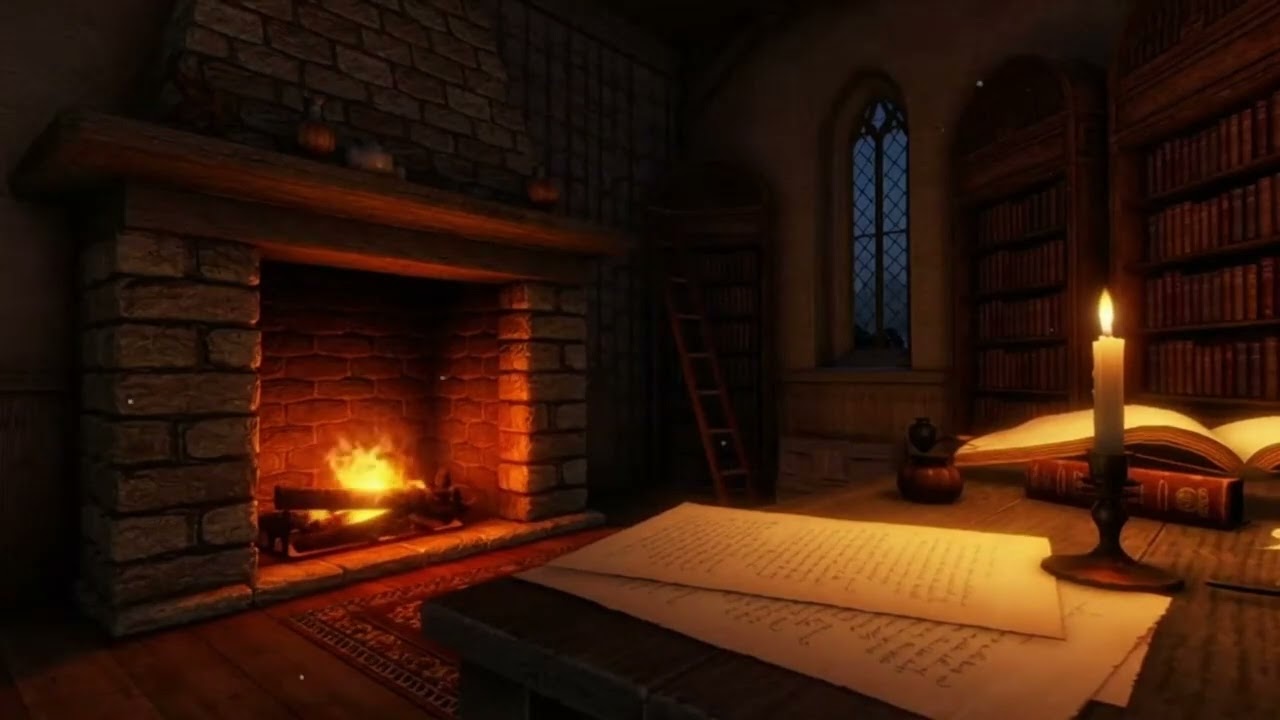 6 Hours of Medieval Library Fireplace Ambience | Crackling Fire for Study & Sleep