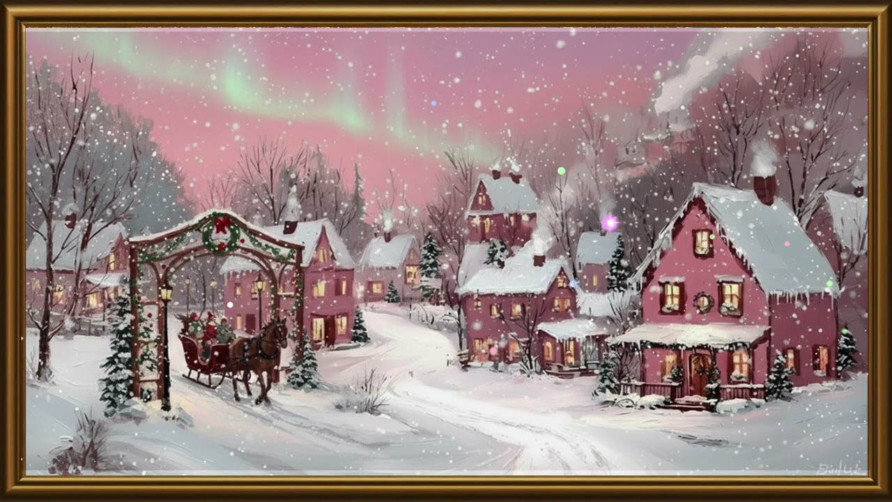 Pink Winter Sleigh Village | Vintage Framed Art 8K UHD Screensaver | Cozy Frame TV