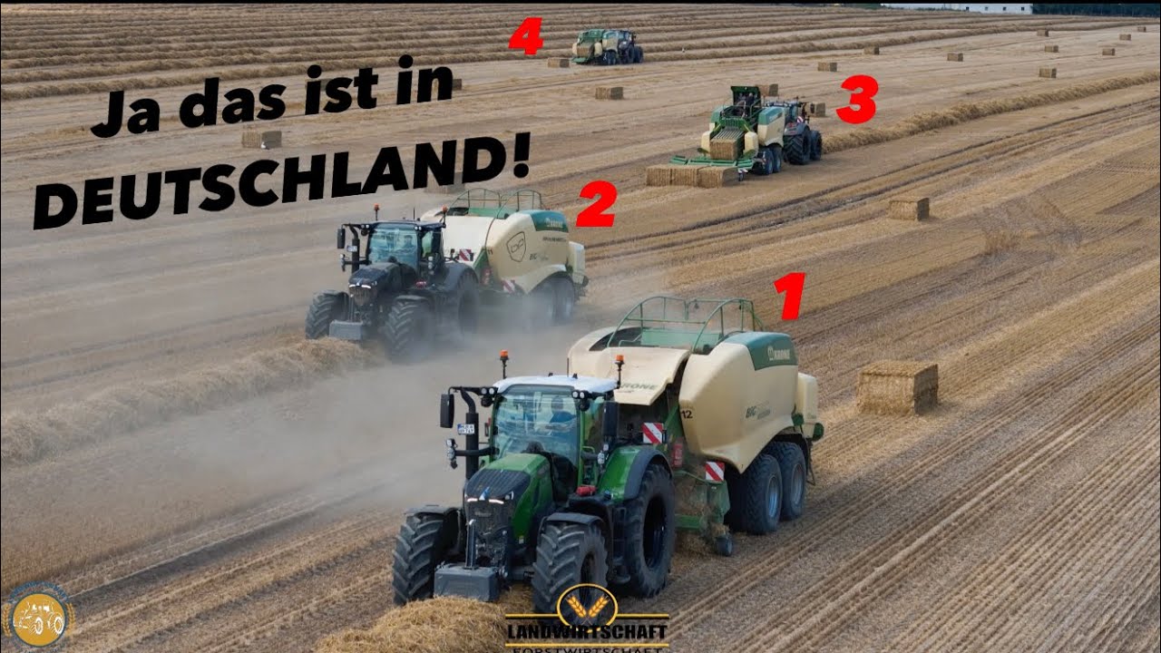 Ja das ist in DEUTSCHLAND! Strohbergung XXXXL 4 Pressen im Einsatz & Ballen Verladung inkl Transport