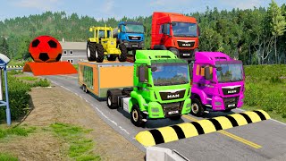 Double Flatbed Trailer Truck vs Speedbumps | Train vs Cars | Tractor vs Train | BeamNG.Drive #62