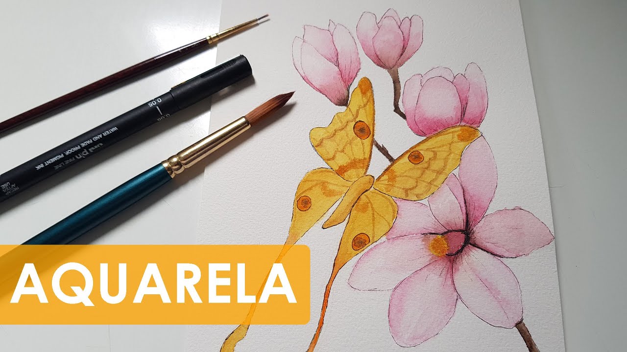 Pintando Flor Magnólia e Mariposa Lua com Aquarela (SpeedPaint)